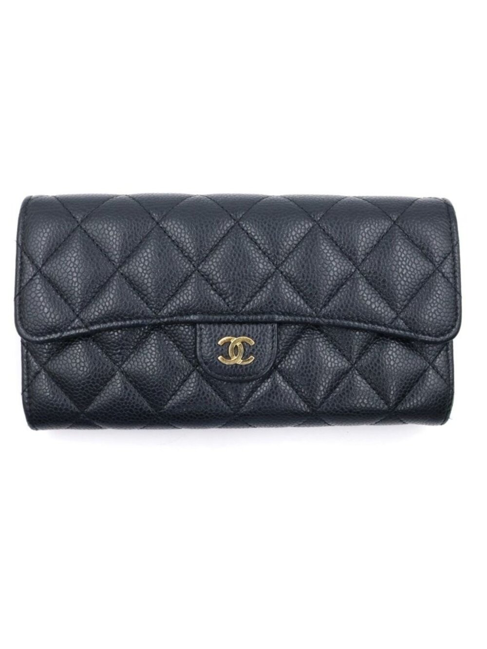 Chanel Quilted Wallet Card Case Black Caviar Leather Gold